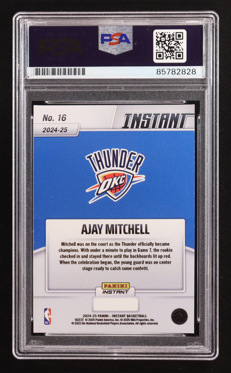 Ajay Mitchell Signed 2024-25 Panini Instant NBA Champions #16 RC (PSA | Autograph Graded PSA 10) at PristineAuction.com Ajay Mitchell Signed 2024-25 Panini Instant NBA Champions #16 RC (PSA | Autograph Graded PSA 10) at PristineAuction.com
