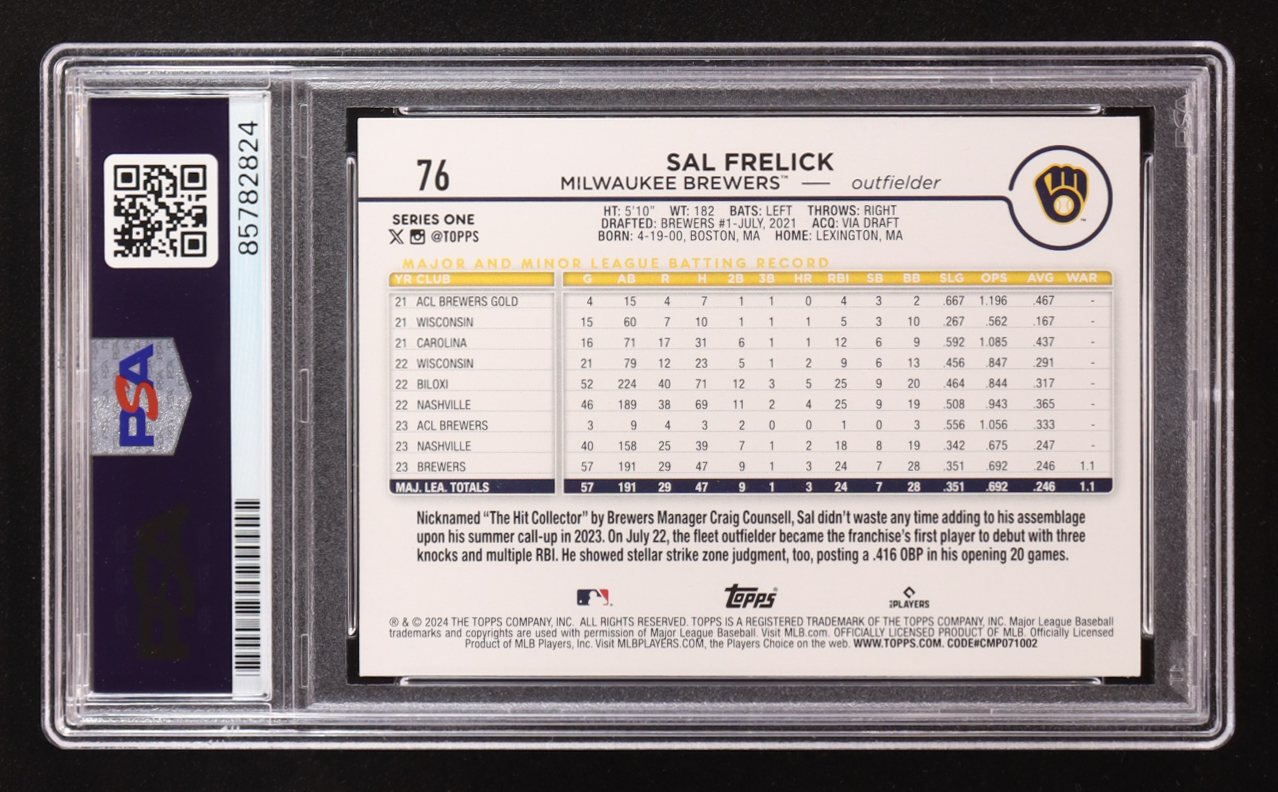 Sal Frelick Signed 2024 Topps Series One #76 RC (PSA) at PristineAuction.com Sal Frelick Signed 2024 Topps Series One #76 RC (PSA) at PristineAuction.com