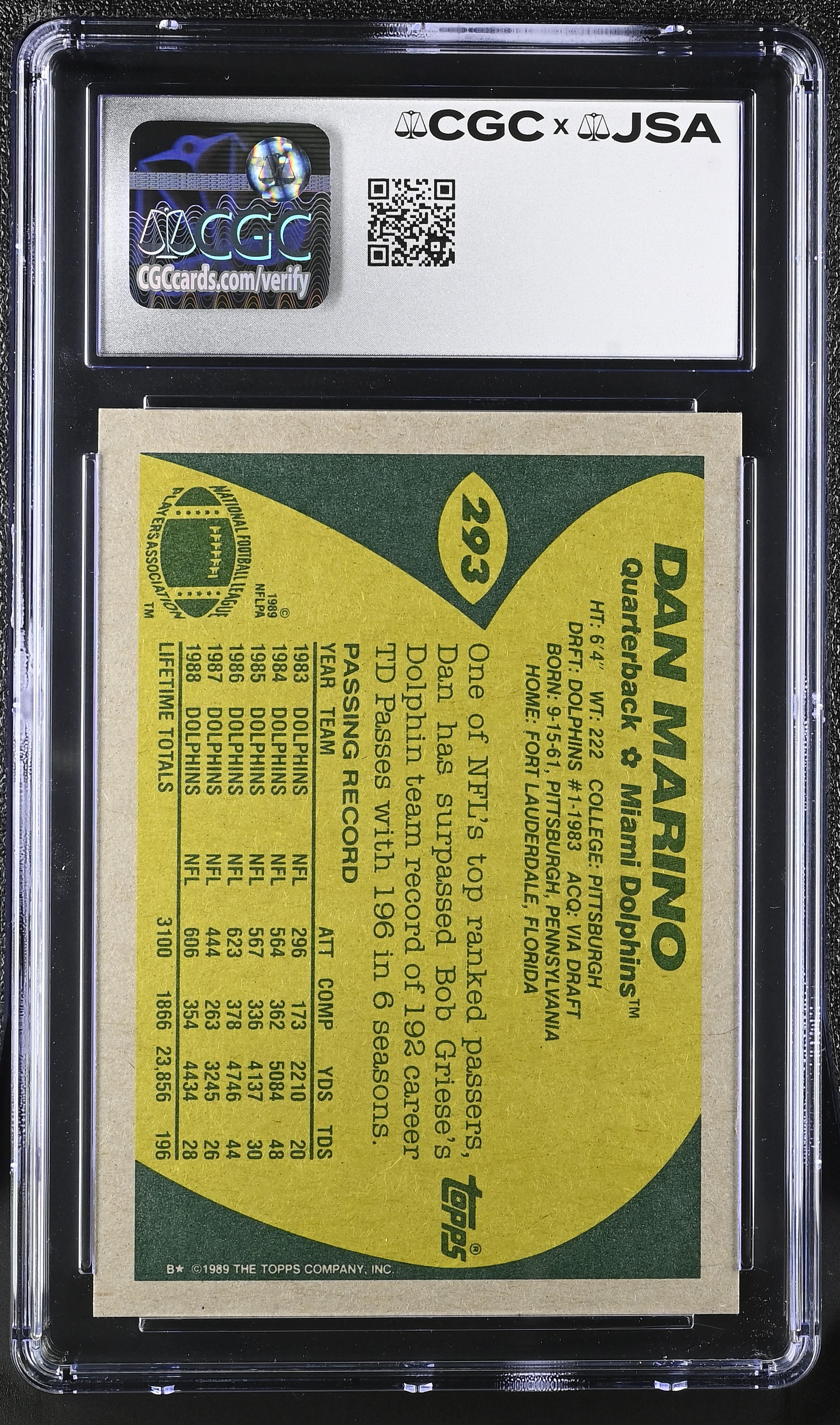 Dan Marino Signed 1989 Topps #293 (CGC) at PristineAuction.com Dan Marino Signed 1989 Topps #293 (CGC) at PristineAuction.com
