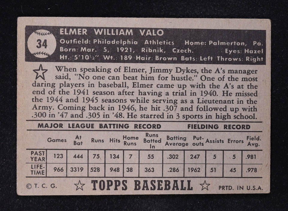 Elmer Valo 1952 Topps #34A Black at PristineAuction.com Elmer Valo 1952 Topps #34A Black at PristineAuction.com