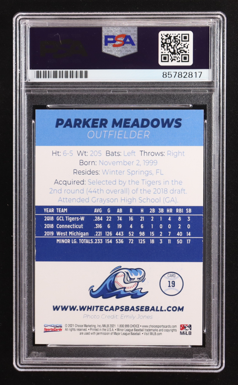 Parker Meadows Signed 2021 Choice #19 RC (PSA) at PristineAuction.com Parker Meadows Signed 2021 Choice #19 RC (PSA) at PristineAuction.com