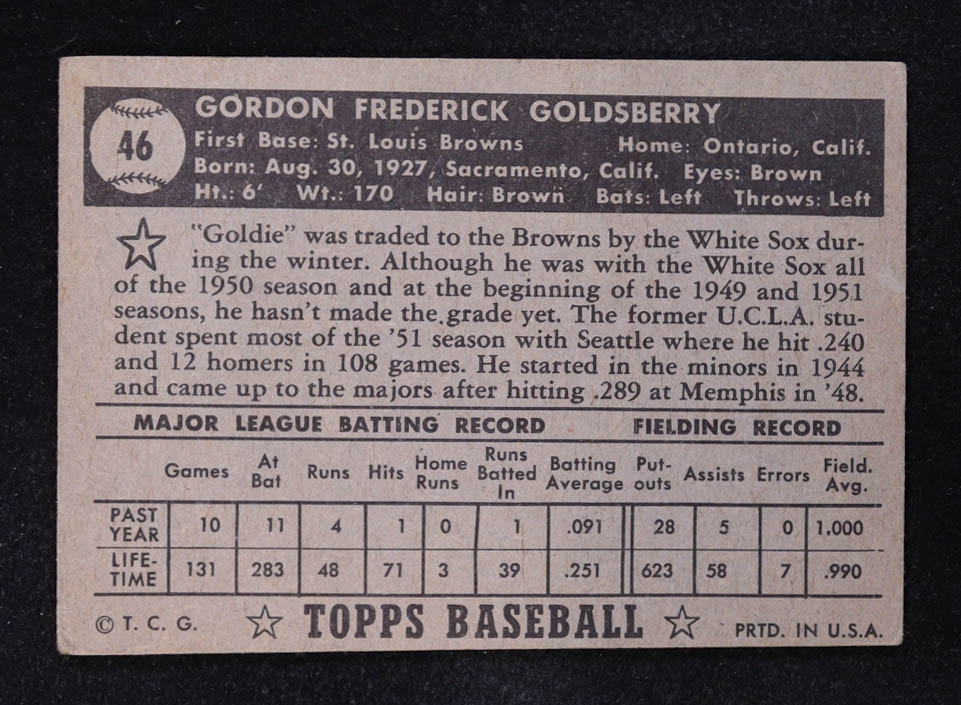 Gordon Goldsberry 1952 Topps #46A Black RC at PristineAuction.com Gordon Goldsberry 1952 Topps #46A Black RC at PristineAuction.com