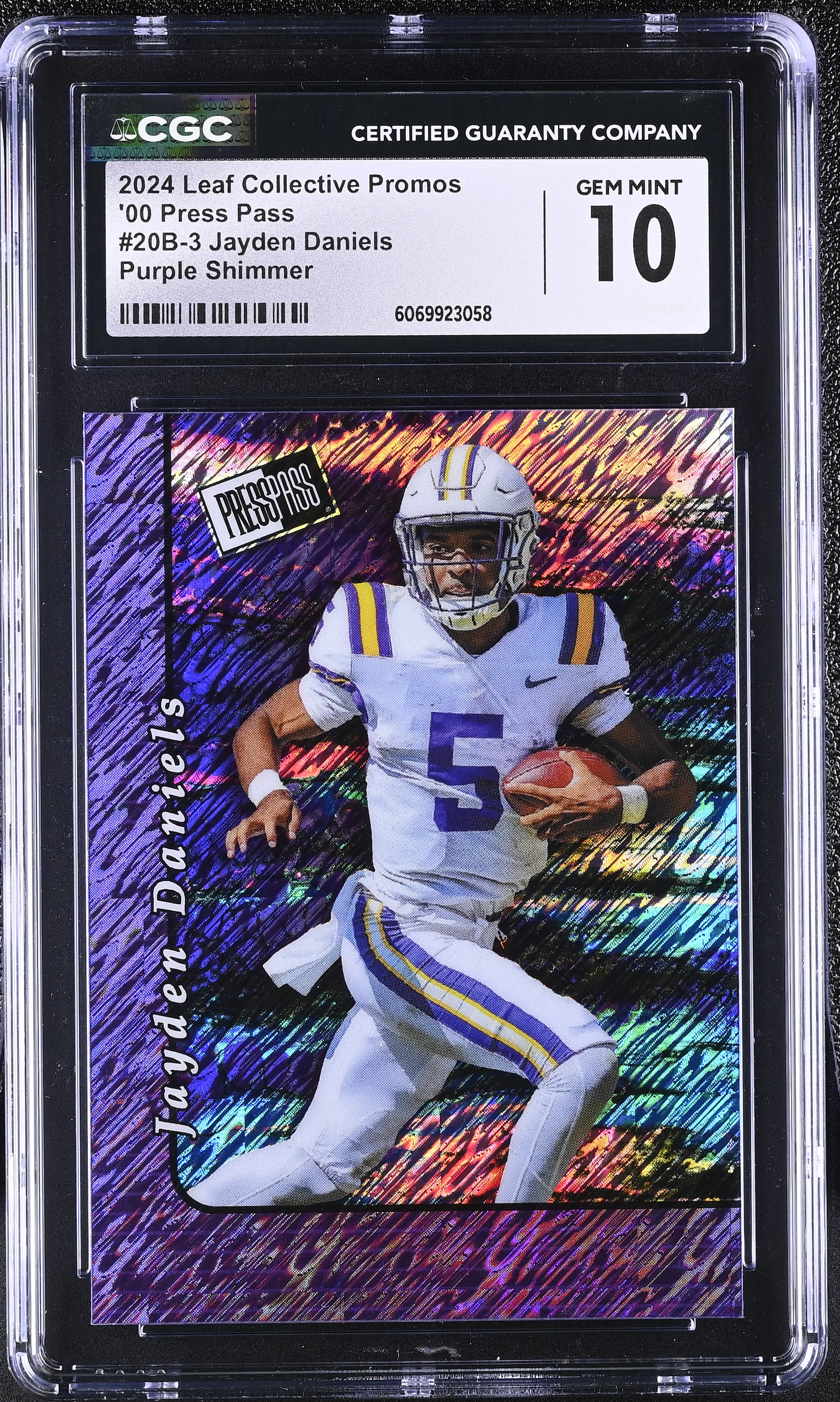 Jayden Daniels 2024 Leaf Collective Promos '00 Press Pass Purple Shimmer #20B-3 #71/199 (CGC 10) at PristineAuction.com Jayden Daniels 2024 Leaf Collective Promos '00 Press Pass Purple Shimmer #20B-3 #71/199 (CGC 10) at PristineAuction.com