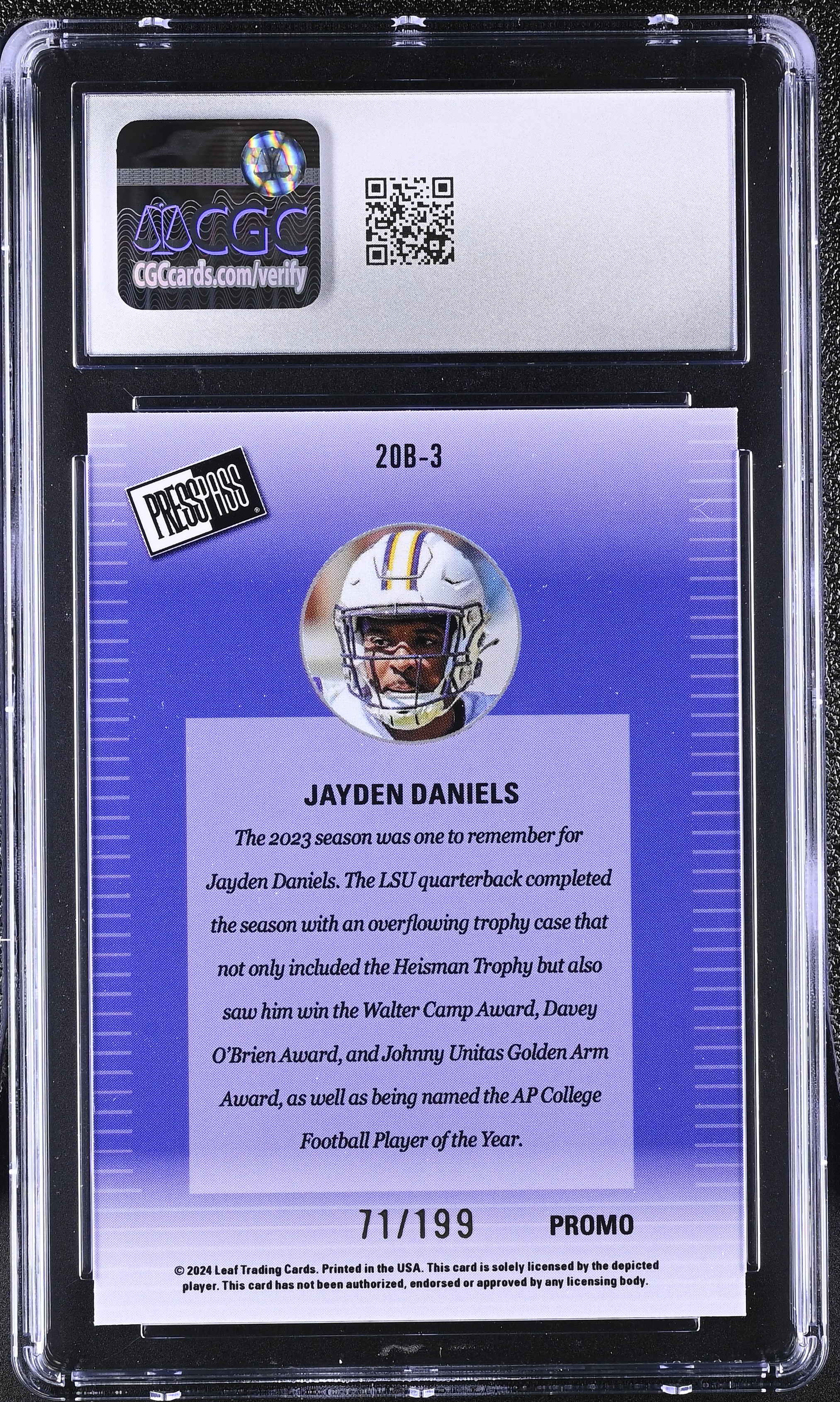 Jayden Daniels 2024 Leaf Collective Promos '00 Press Pass Purple Shimmer #20B-3 #71/199 (CGC 10) at PristineAuction.com Jayden Daniels 2024 Leaf Collective Promos '00 Press Pass Purple Shimmer #20B-3 #71/199 (CGC 10) at PristineAuction.com