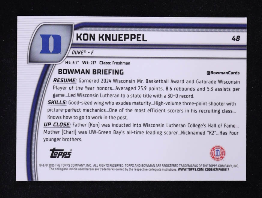 Kon Knueppel 2024-25 Bowman Chrome University Purple Lava Refractors #48 RC at PristineAuction.com Kon Knueppel 2024-25 Bowman Chrome University Purple Lava Refractors #48 RC at PristineAuction.com
