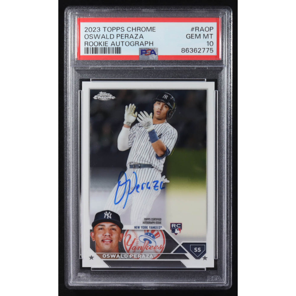Oswald Peraza 2023 Topps Chrome Rookie Autographs #RAOP RC (PSA 10) at PristineAuction.com