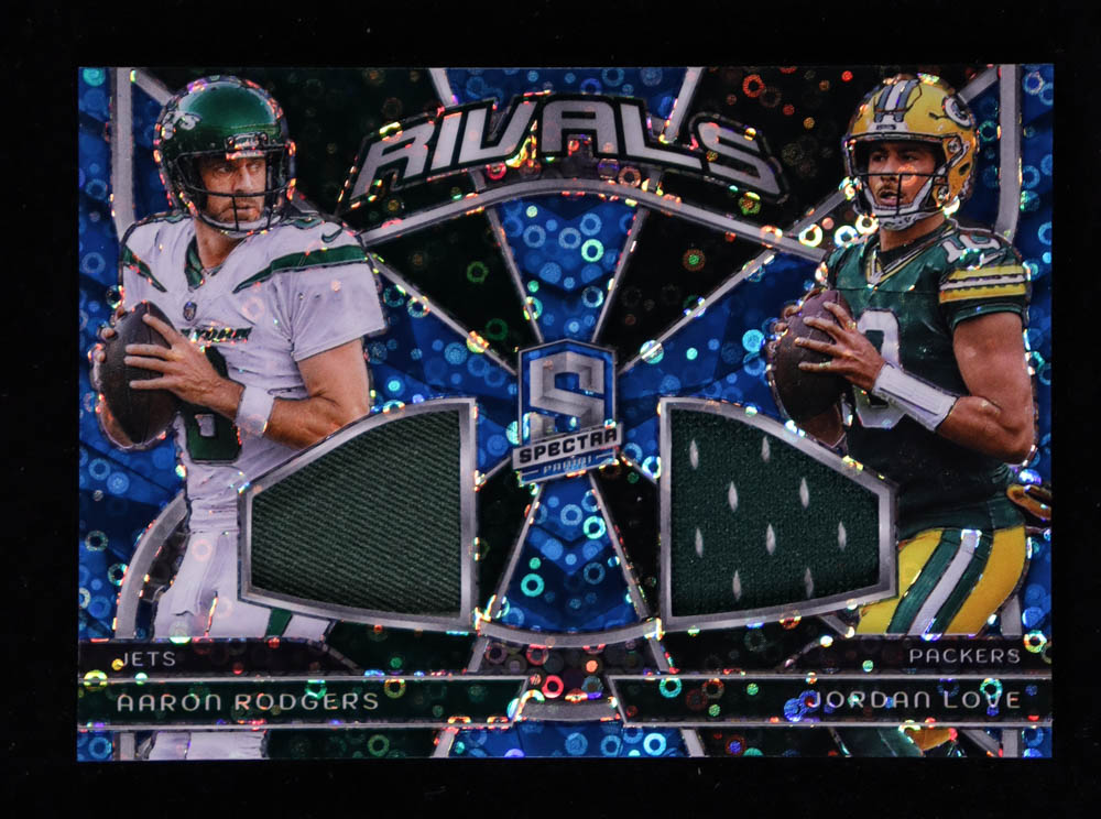 Aaron Rodgers / Jordan Love 2024 Panini Spectra Rivals Materials Neon Blue #3 #45/60 at PristineAuction.com Aaron Rodgers / Jordan Love 2024 Panini Spectra Rivals Materials Neon Blue #3 #45/60 at PristineAuction.com