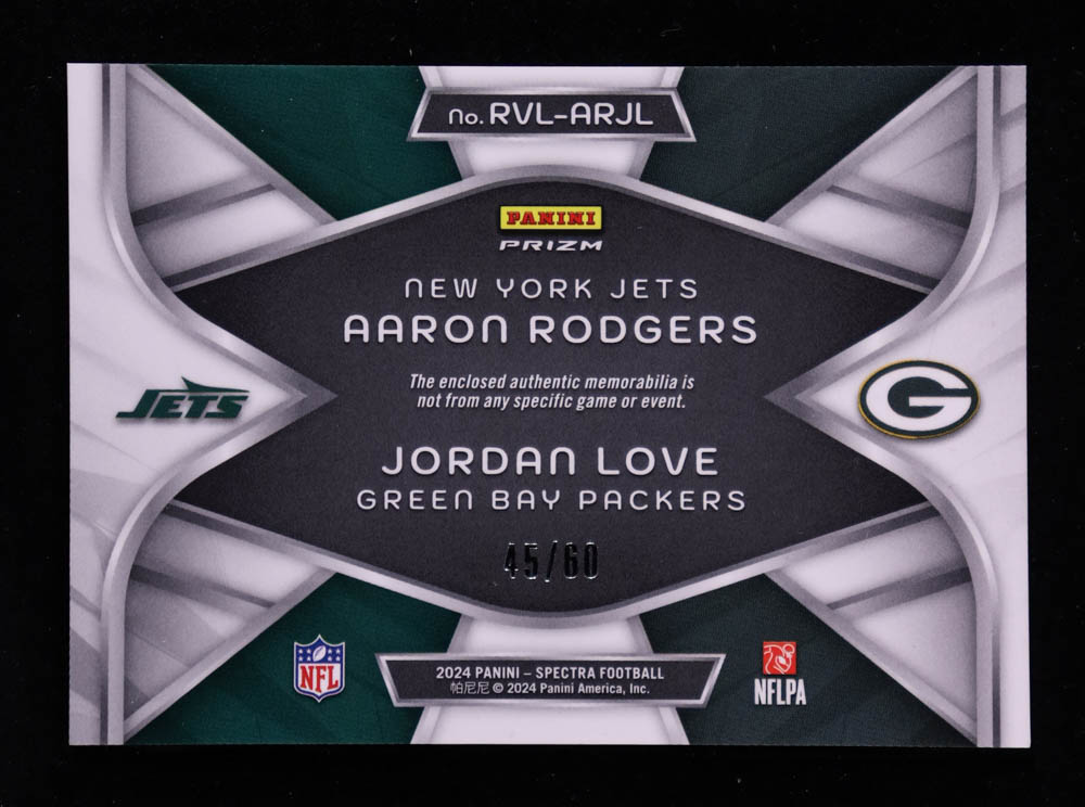 Aaron Rodgers / Jordan Love 2024 Panini Spectra Rivals Materials Neon Blue #3 #45/60 at PristineAuction.com Aaron Rodgers / Jordan Love 2024 Panini Spectra Rivals Materials Neon Blue #3 #45/60 at PristineAuction.com
