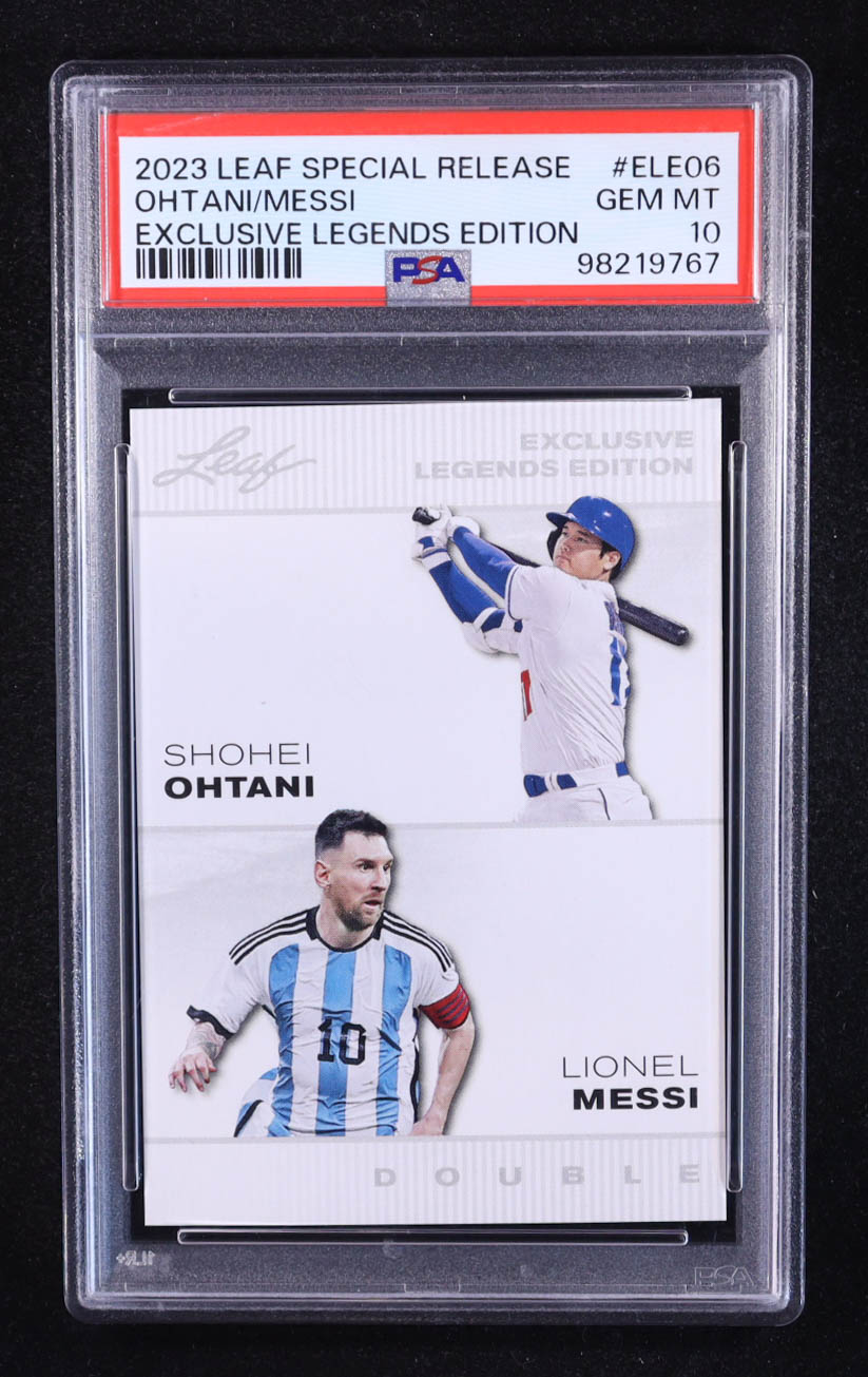 Shohei Ohtani / Lionel Messi 2023 Leaf Special Release Exclusive Legends Edition Double #ELE-06 (PSA 10) at PristineAuction.com Shohei Ohtani / Lionel Messi 2023 Leaf Special Release Exclusive Legends Edition Double #ELE-06 (PSA 10) at PristineAuction.com