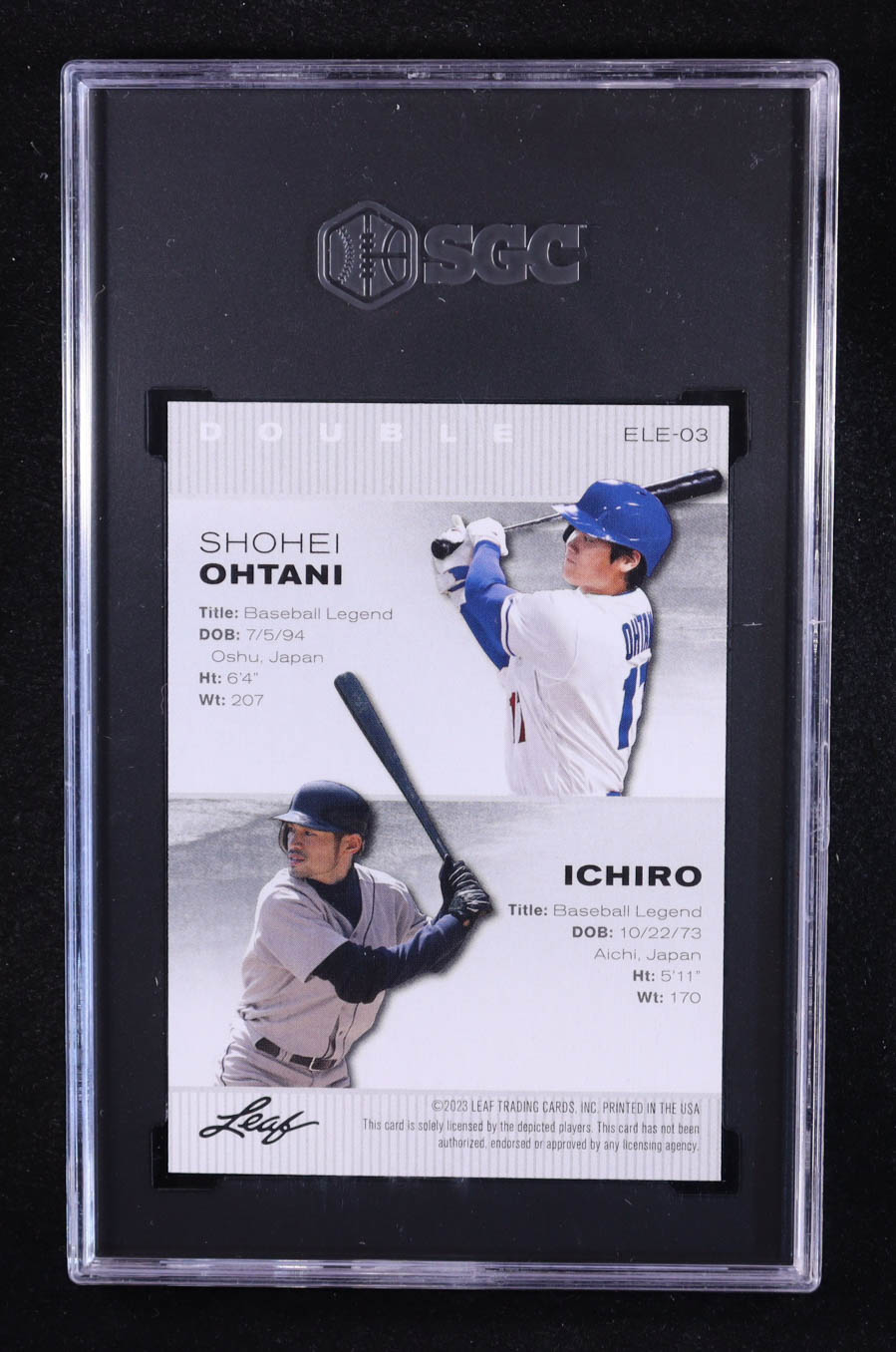 Ichiro / Shohei Ohtani 2023 Leaf Special Release Exclusive Legends Edition Double #ELE-03 (SGC 9.5) at PristineAuction.com Ichiro / Shohei Ohtani 2023 Leaf Special Release Exclusive Legends Edition Double #ELE-03 (SGC 9.5) at PristineAuction.com