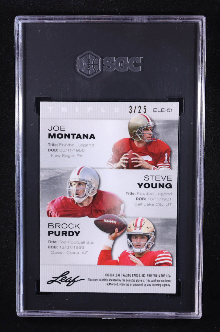 Joe Montana / Steve Young / Brock Purdy 2024 Leaf Special Release Metal Exclusive Legends Edition Triple Silver Wave #ELE-51 #3/25 (SGC 10) at PristineAuction.com Joe Montana / Steve Young / Brock Purdy 2024 Leaf Special Release Metal Exclusive Legends Edition Triple Silver Wave #ELE-51 #3/25 (SGC 10) at PristineAuction.com