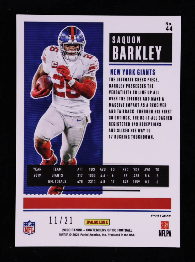 Saquon Barkley 2020 Panini Contenders Optic Purple Pulsar #44 #11/21 at PristineAuction.com Saquon Barkley 2020 Panini Contenders Optic Purple Pulsar #44 #11/21 at PristineAuction.com