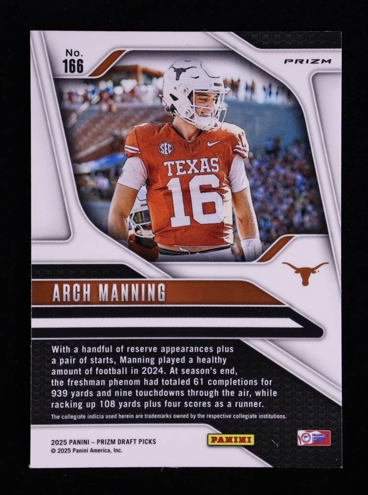 Arch Manning 2025 Panini Prizm Draft Picks Prizms Gold Ice #166 RC at PristineAuction.com Arch Manning 2025 Panini Prizm Draft Picks Prizms Gold Ice #166 RC at PristineAuction.com