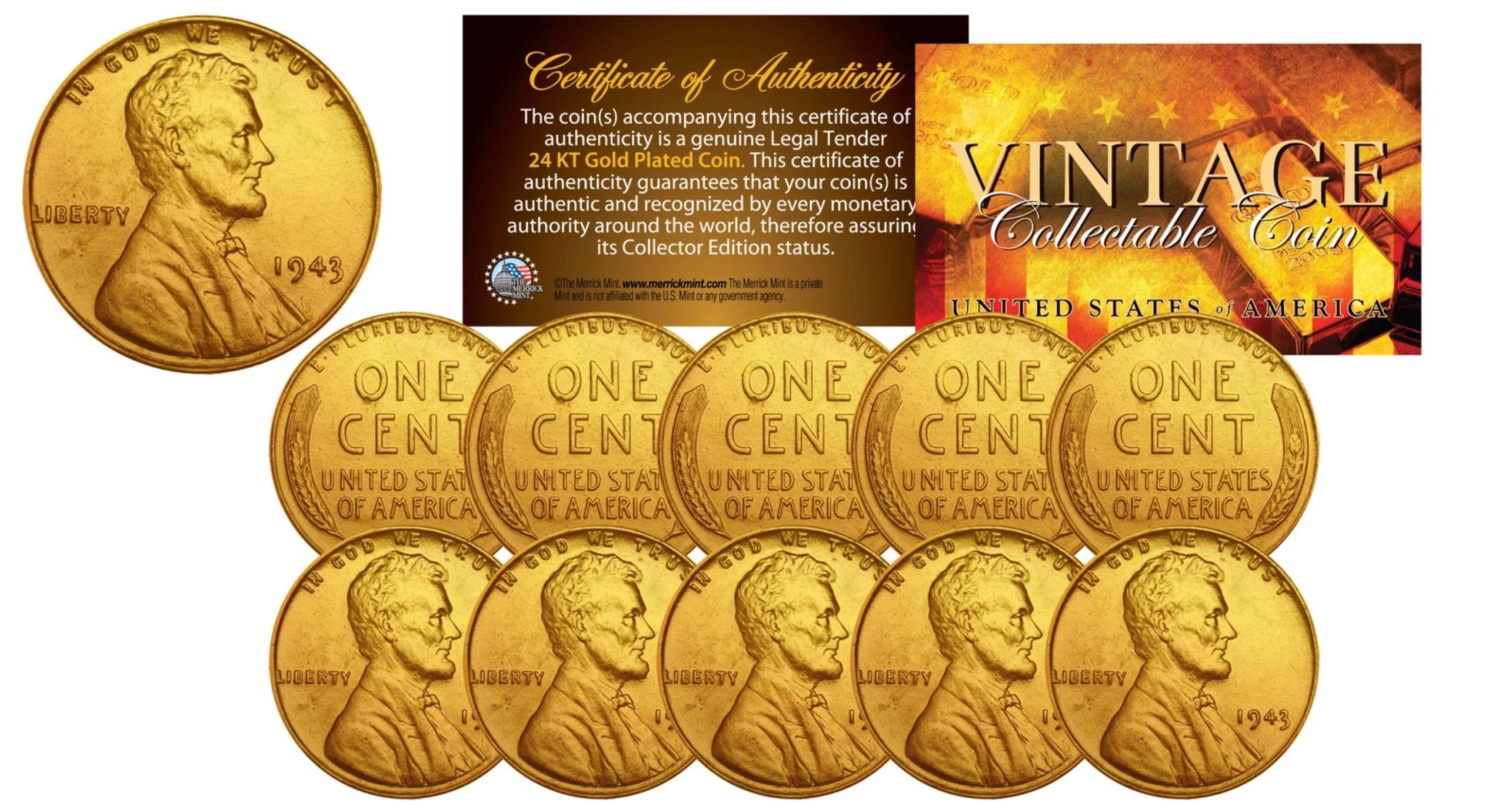 Set of (10) 1943 Genuine Steel WWII Lincoln Wheat Penny 24KT Gold Plated Coins at PristineAuction.com Set of (10) 1943 Genuine Steel WWII Lincoln Wheat Penny 24KT Gold Plated Coins at PristineAuction.com