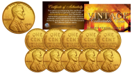 Set of (10) 1943 Genuine Steel WWII Lincoln Wheat Penny 24KT Gold Plated Coins at PristineAuction.com