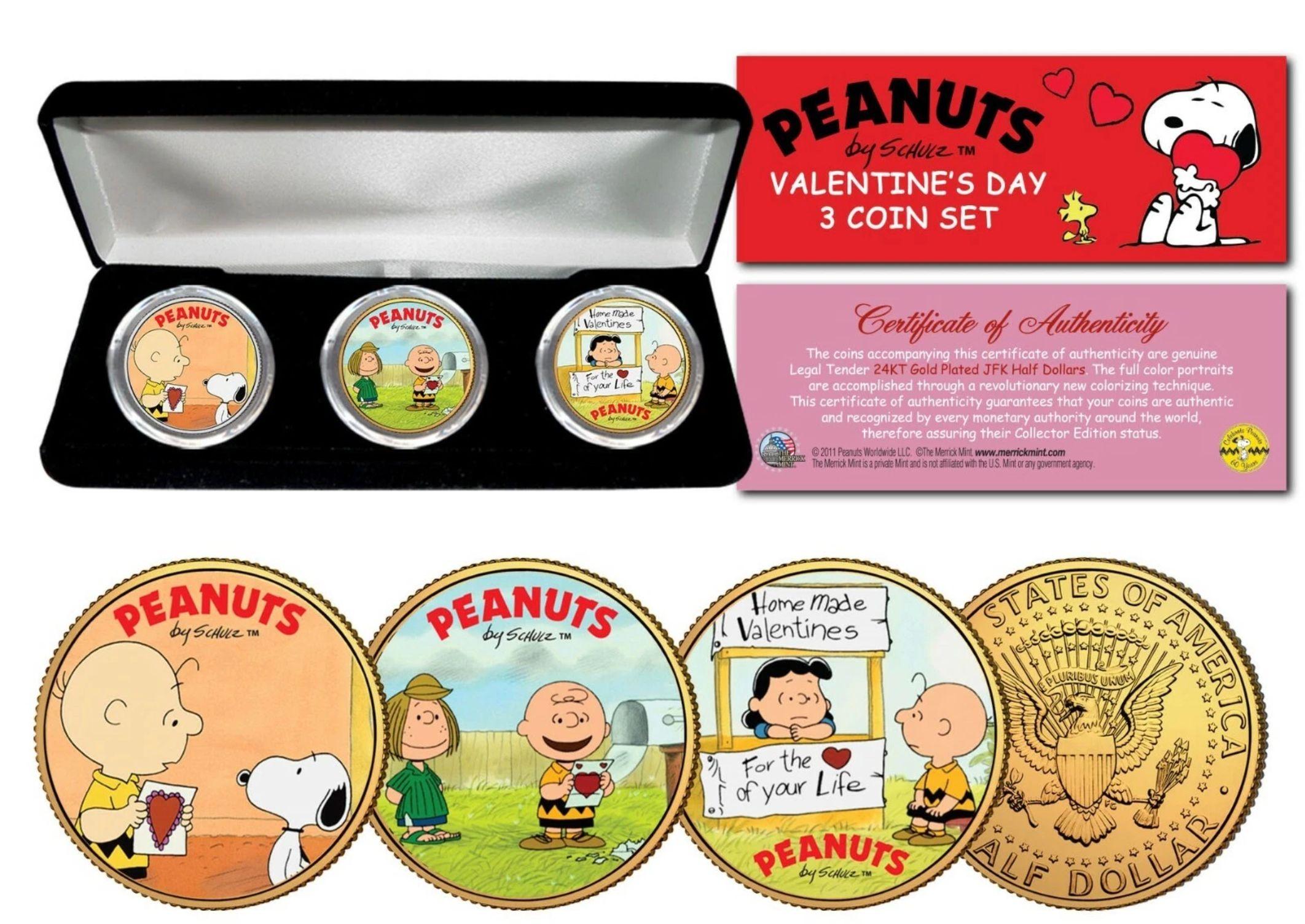 "Peanuts Valentines" Set of (3) 24K Gold JFK Half Dollar Coins at PristineAuction.com "Peanuts Valentines" Set of (3) 24K Gold JFK Half Dollar Coins at PristineAuction.com