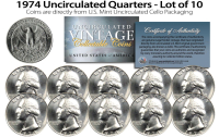 Set of (10) 1974 Uncirculated Quarters U.S. Coins Direct from US Mint Cello Packs at PristineAuction.com