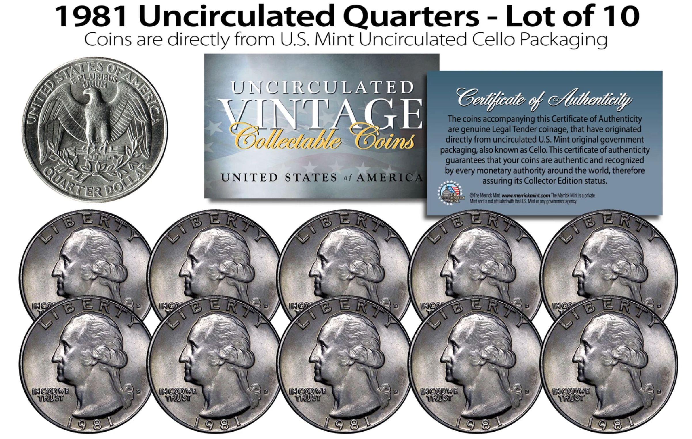 Set of (10) 1981 Uncirculated Quarters U.S. Coins Direct from US Mint Cello Packs at PristineAuction.com Set of (10) 1981 Uncirculated Quarters U.S. Coins Direct from US Mint Cello Packs at PristineAuction.com