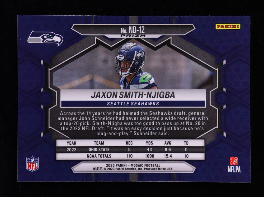 Jaxon Smith-Njigba 2023 Panini Mosaic NFL Debut Mosaic Reactive Yellow #12 RC at PristineAuction.com Jaxon Smith-Njigba 2023 Panini Mosaic NFL Debut Mosaic Reactive Yellow #12 RC at PristineAuction.com