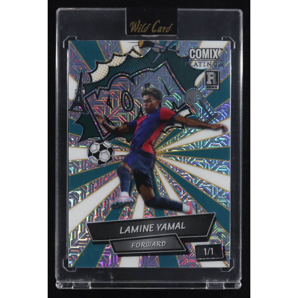 Lamine Yamal 2024 Wild Card Comix Platinum KOPA Silver Teal & White Mojo #ACKA-LY06 #1/1 RC at PristineAuction.com