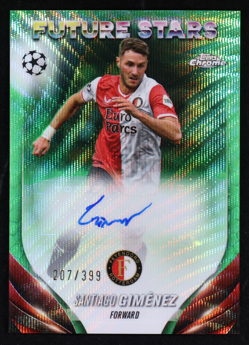 Santiago Gimenez 2023-24 Topps Chrome UEFA Club Competitions Neon Green Wave Refractors Autographs FS #195 #007/399 RC at PristineAuction.com Santiago Gimenez 2023-24 Topps Chrome UEFA Club Competitions Neon Green Wave Refractors Autographs FS #195 #007/399 RC at PristineAuction.com