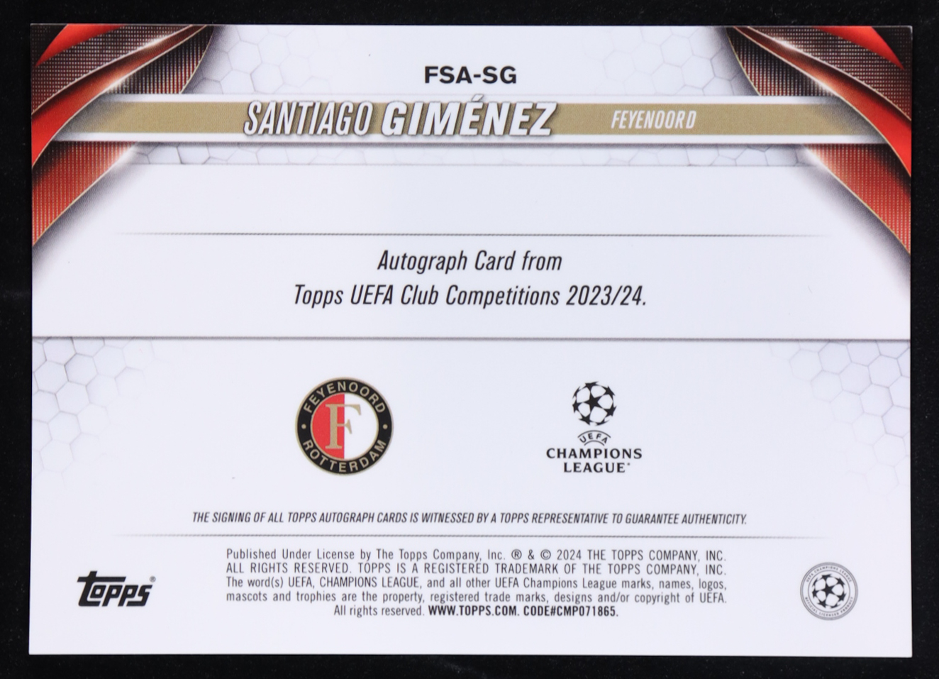 Santiago Gimenez 2023-24 Topps Chrome UEFA Club Competitions Neon Green Wave Refractors Autographs FS #195 #007/399 RC at PristineAuction.com Santiago Gimenez 2023-24 Topps Chrome UEFA Club Competitions Neon Green Wave Refractors Autographs FS #195 #007/399 RC at PristineAuction.com