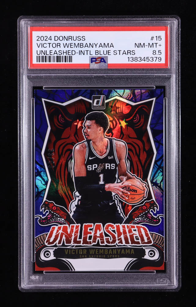 Victor Wembanyama 2024-25 Donruss Unleashed International Blue Stars #15 #33/99 (PSA 8.5) at PristineAuction.com Victor Wembanyama 2024-25 Donruss Unleashed International Blue Stars #15 #33/99 (PSA 8.5) at PristineAuction.com
