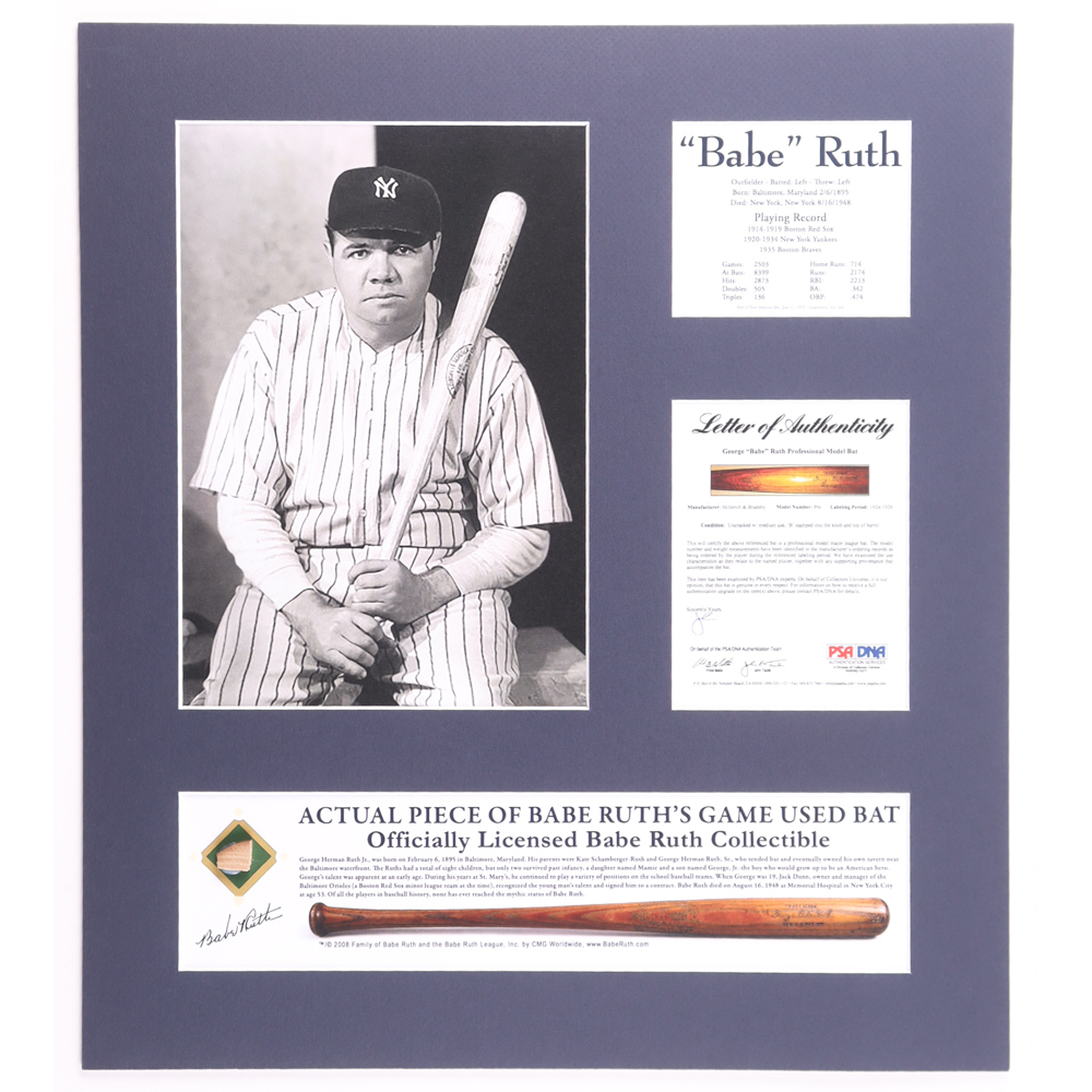 Babe Ruth Yankees Custom Matted Game-Used Baseball Bat Piece (PSA) at PristineAuction.com