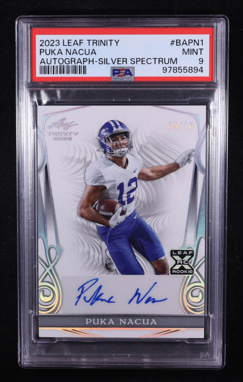 Puka Nacua 2023 Leaf Trinity Autographs Spectrum Silver #BAPN1 RC #04/10 (PSA 9) at PristineAuction.com Puka Nacua 2023 Leaf Trinity Autographs Spectrum Silver #BAPN1 RC #04/10 (PSA 9) at PristineAuction.com