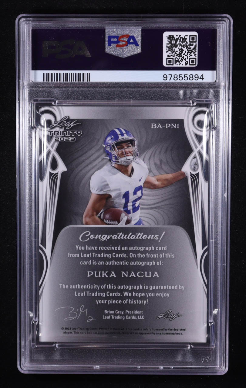 Puka Nacua 2023 Leaf Trinity Autographs Spectrum Silver #BAPN1 RC #04/10 (PSA 9) at PristineAuction.com Puka Nacua 2023 Leaf Trinity Autographs Spectrum Silver #BAPN1 RC #04/10 (PSA 9) at PristineAuction.com