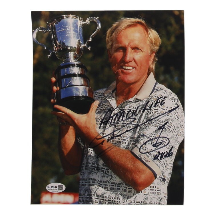 Greg Norman Signed 8x10 Photo Inscribed "Attack Life" & "2K26" with Hand-Drawn Hole Sketch (JSA) at PristineAuction.com Greg Norman Signed 8x10 Photo Inscribed "Attack Life" & "2K26" with Hand-Drawn Hole Sketch (JSA) at PristineAuction.com
