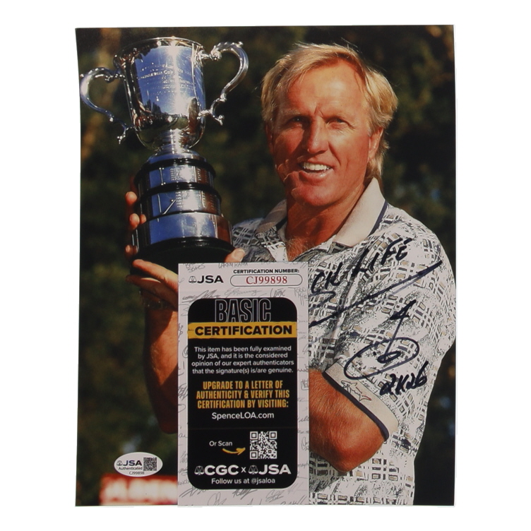 Greg Norman Signed 8x10 Photo Inscribed "Attack Life" & "2K26" with Hand-Drawn Hole Sketch (JSA) at PristineAuction.com Greg Norman Signed 8x10 Photo Inscribed "Attack Life" & "2K26" with Hand-Drawn Hole Sketch (JSA) at PristineAuction.com