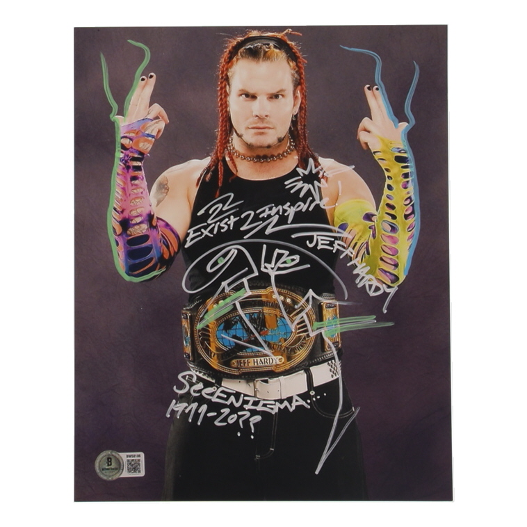 Jeff Hardy Signed WWE 8x10 Photo Inscribed "Exist 2 Inspire!" & "See Enigma... 1977-20??" With Hand-Drawn Sketch (Beckett) at PristineAuction.com Jeff Hardy Signed WWE 8x10 Photo Inscribed "Exist 2 Inspire!" & "See Enigma... 1977-20??" With Hand-Drawn Sketch (Beckett) at PristineAuction.com