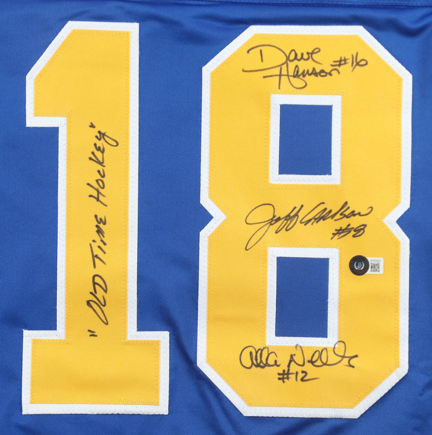 Dave Hanson, Allan Nicholls, & Jeff Carlson Signed Jersey Inscribed "Old Time Hockey" (Beckett) at PristineAuction.com Dave Hanson, Allan Nicholls, & Jeff Carlson Signed Jersey Inscribed "Old Time Hockey" (Beckett) at PristineAuction.com