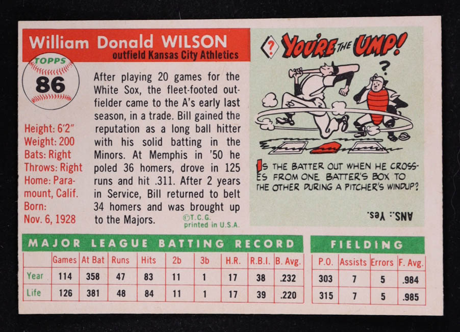 Bill Wilson 1955 Topps #86 at PristineAuction.com Bill Wilson 1955 Topps #86 at PristineAuction.com