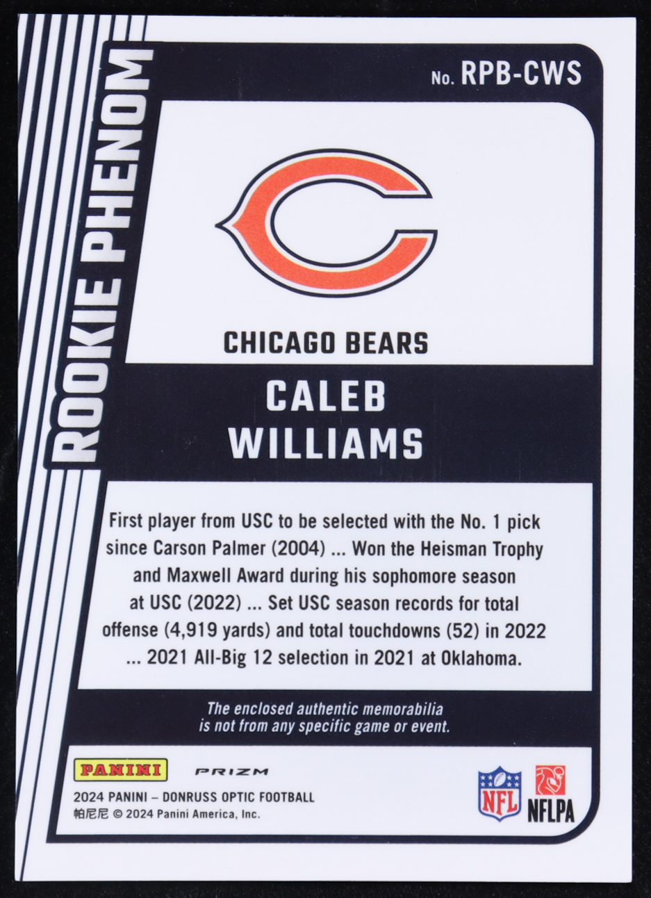 Caleb Williams 2024 Donruss Optic Rookie Phenoms Blue Hyper #1 RC at PristineAuction.com Caleb Williams 2024 Donruss Optic Rookie Phenoms Blue Hyper #1 RC at PristineAuction.com