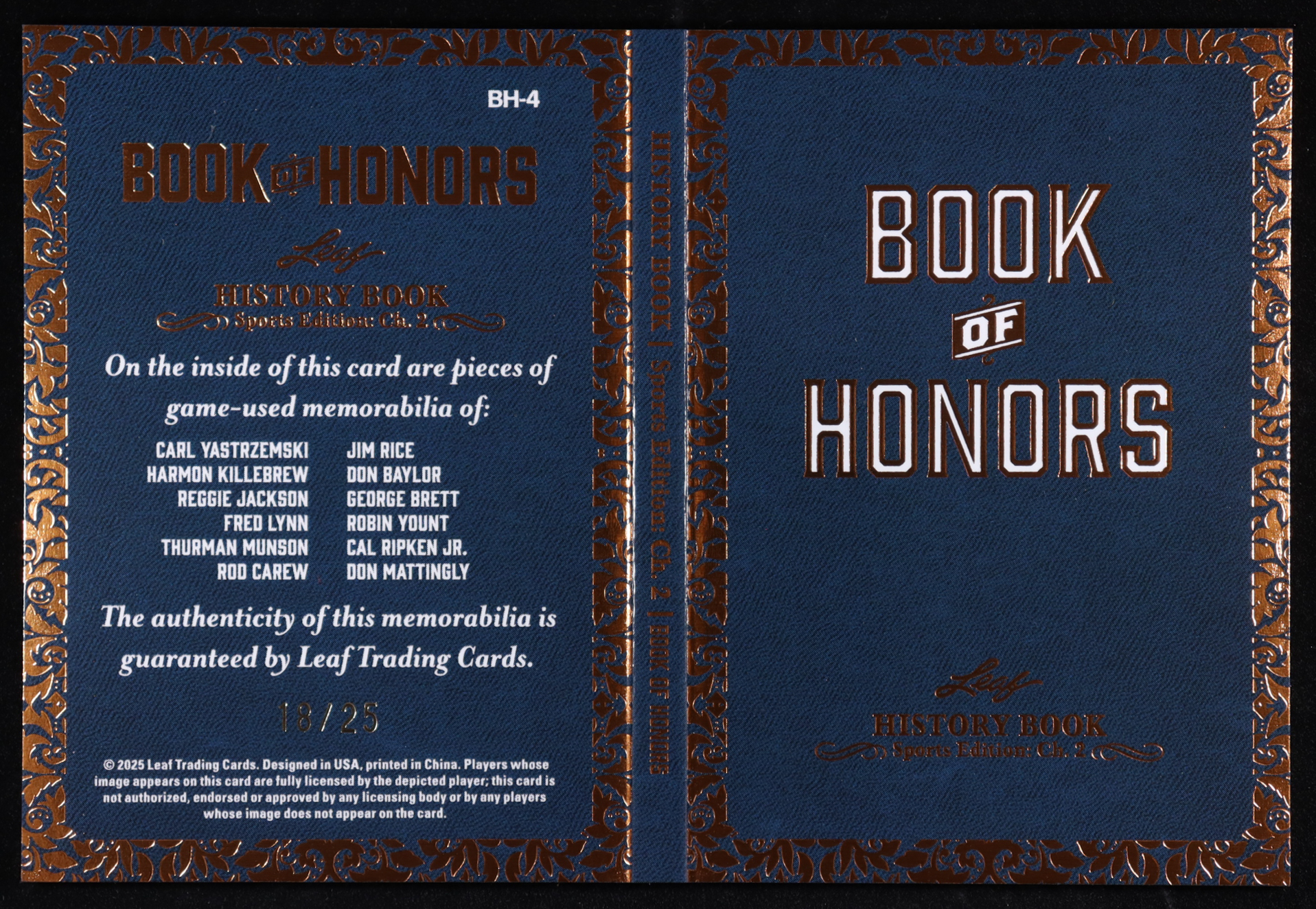 2025 Leaf History Book Sports Book of Honors Orange #BH4 #18/25 Carl Yastrzemski / Harmon Killebrew / Reggie Jackson / Fred Lynn / Thurman Munson / Rod Carew / Jim Rice / Don Baylor / George Brett / Robin Yount / Cal Ripken Jr. / Don Mattingly at PristineAuction.com 2025 Leaf History Book Sports Book of Honors Orange #BH4 #18/25 Carl Yastrzemski / Harmon Killebrew / Reggie Jackson / Fred Lynn / Thurman Munson / Rod Carew / Jim Rice / Don Baylor / George Brett / Robin Yount / Cal Ripken Jr. / Don Mattingly at PristineAuction.com