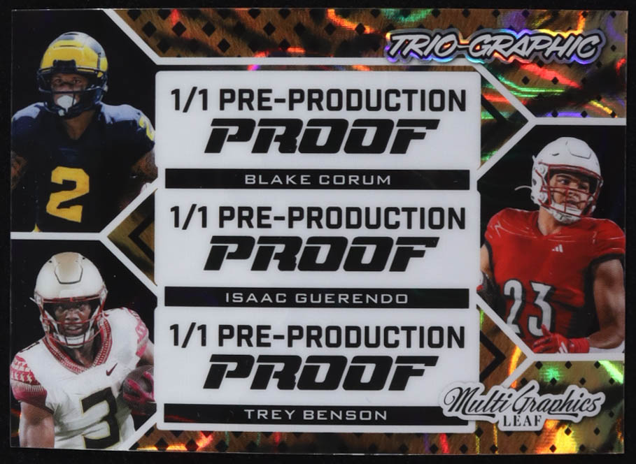 Blake Corum / Isaac Guerendo / Trey Benson 2024 Leaf MultiGraphics Trio-Graphic Tiger Stripe Lava Pre-Production Proof #NNO #1/1 RC at PristineAuction.com Blake Corum / Isaac Guerendo / Trey Benson 2024 Leaf MultiGraphics Trio-Graphic Tiger Stripe Lava Pre-Production Proof #NNO #1/1 RC at PristineAuction.com