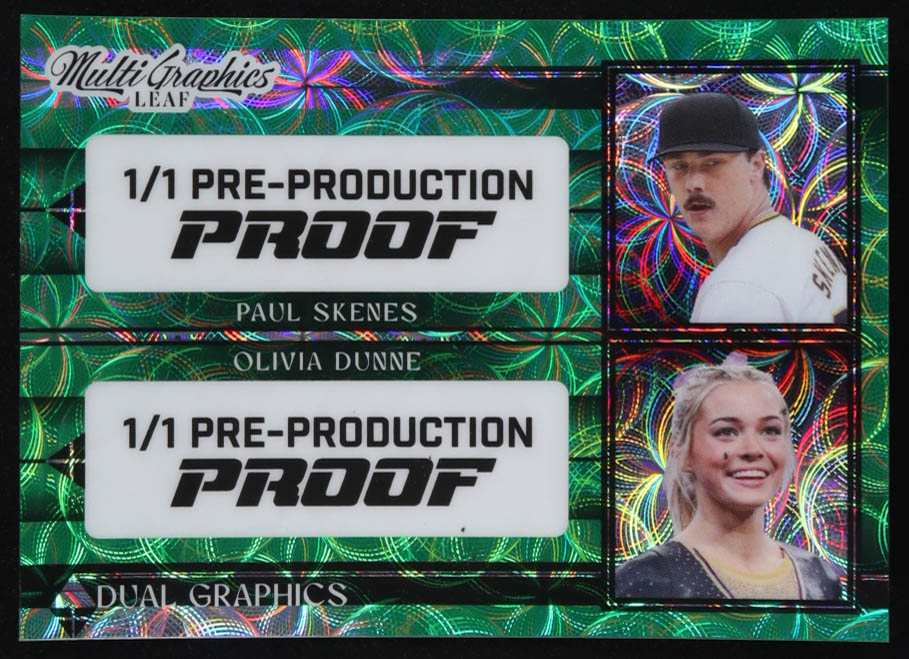 Paul Skenes / Olivia Dunne 2024 Leaf Multigraphs Dual Graphic Green Kaleidoscope Pre-Production Proof #NNO #1/1 at PristineAuction.com Paul Skenes / Olivia Dunne 2024 Leaf Multigraphs Dual Graphic Green Kaleidoscope Pre-Production Proof #NNO #1/1 at PristineAuction.com