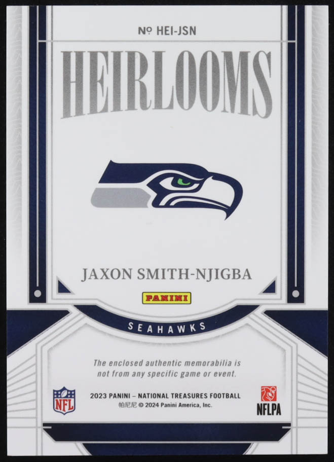 Jaxon Smith-Njigba 2023 Panini National Treasures Heirlooms #6 #13/49 RC at PristineAuction.com Jaxon Smith-Njigba 2023 Panini National Treasures Heirlooms #6 #13/49 RC at PristineAuction.com