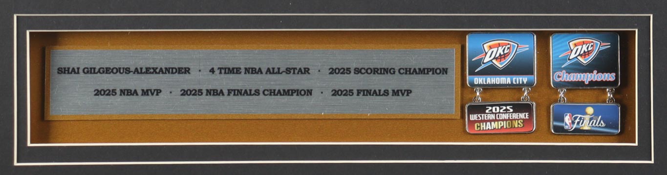 Shai Gilgeous-Alexander Signed Custom Framed Jersey Display with NBA Finals Pin & Conference Pin (JSA) at PristineAuction.com Shai Gilgeous-Alexander Signed Custom Framed Jersey Display with NBA Finals Pin & Conference Pin (JSA) at PristineAuction.com