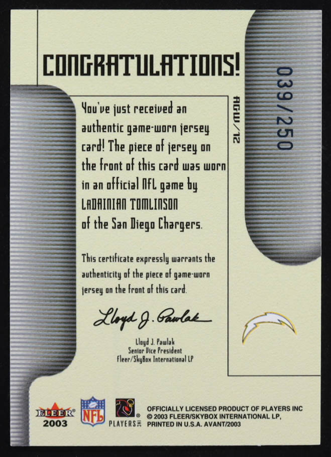 LaDainian Tomlinson 2003 Fleer Avant Materials Blue #28 #039/250 at PristineAuction.com LaDainian Tomlinson 2003 Fleer Avant Materials Blue #28 #039/250 at PristineAuction.com