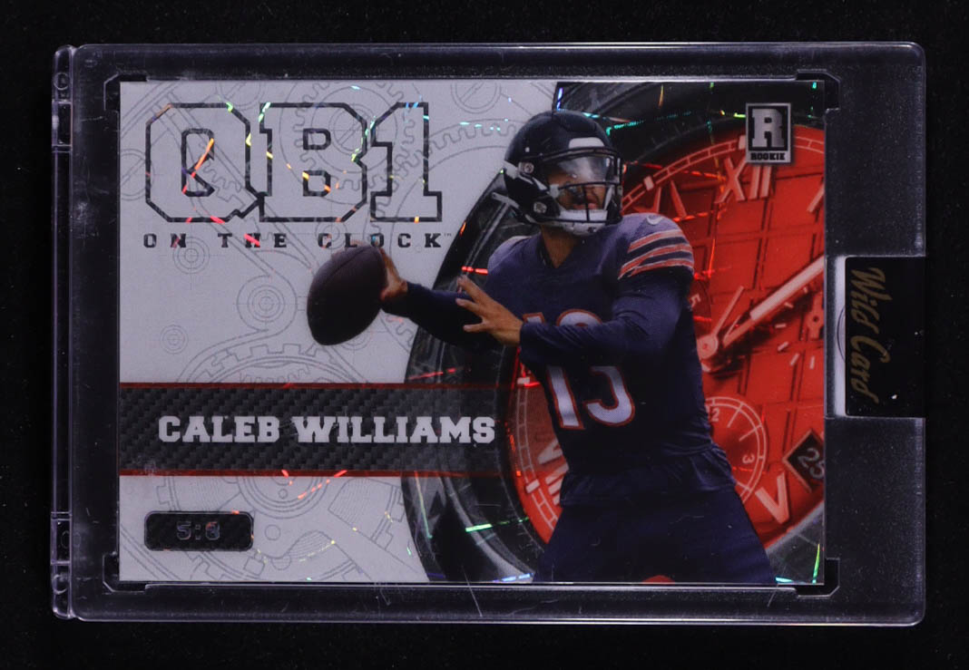 Caleb Williams 2023 Wild Card QB1 On the Clock White and Orange Lazer #CW3 RC #5/8 at PristineAuction.com Caleb Williams 2023 Wild Card QB1 On the Clock White and Orange Lazer #CW3 RC #5/8 at PristineAuction.com