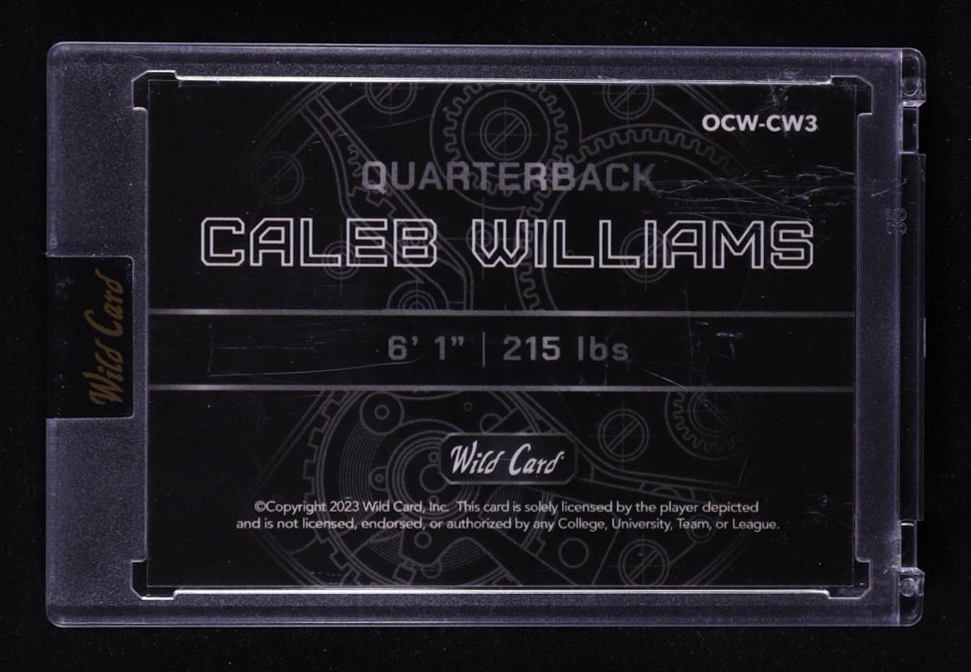 Caleb Williams 2023 Wild Card QB1 On the Clock White and Orange Lazer #CW3 RC #5/8 at PristineAuction.com Caleb Williams 2023 Wild Card QB1 On the Clock White and Orange Lazer #CW3 RC #5/8 at PristineAuction.com