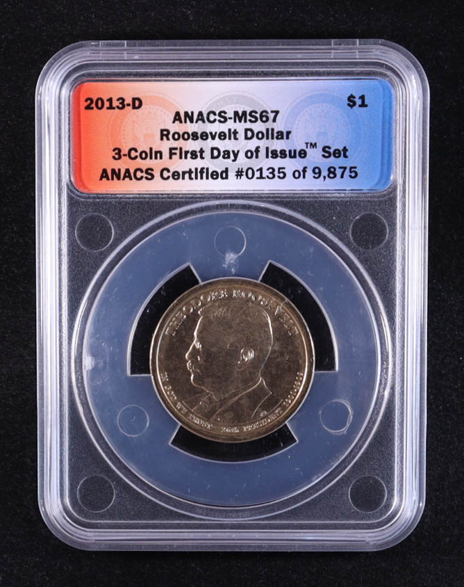 2013-D U.S. Presidential $1 - Theodore Roosevelt 26th President - 3-Coin FDOI Set, Certified #135 of 9875 (ANACS MS67) at PristineAuction.com 2013-D U.S. Presidential $1 - Theodore Roosevelt 26th President - 3-Coin FDOI Set, Certified #135 of 9875 (ANACS MS67) at PristineAuction.com