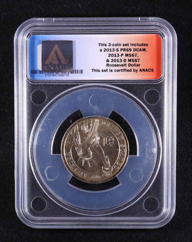 2013-D U.S. Presidential $1 - Theodore Roosevelt 26th President - 3-Coin FDOI Set, Certified #135 of 9875 (ANACS MS67) at PristineAuction.com 2013-D U.S. Presidential $1 - Theodore Roosevelt 26th President - 3-Coin FDOI Set, Certified #135 of 9875 (ANACS MS67) at PristineAuction.com