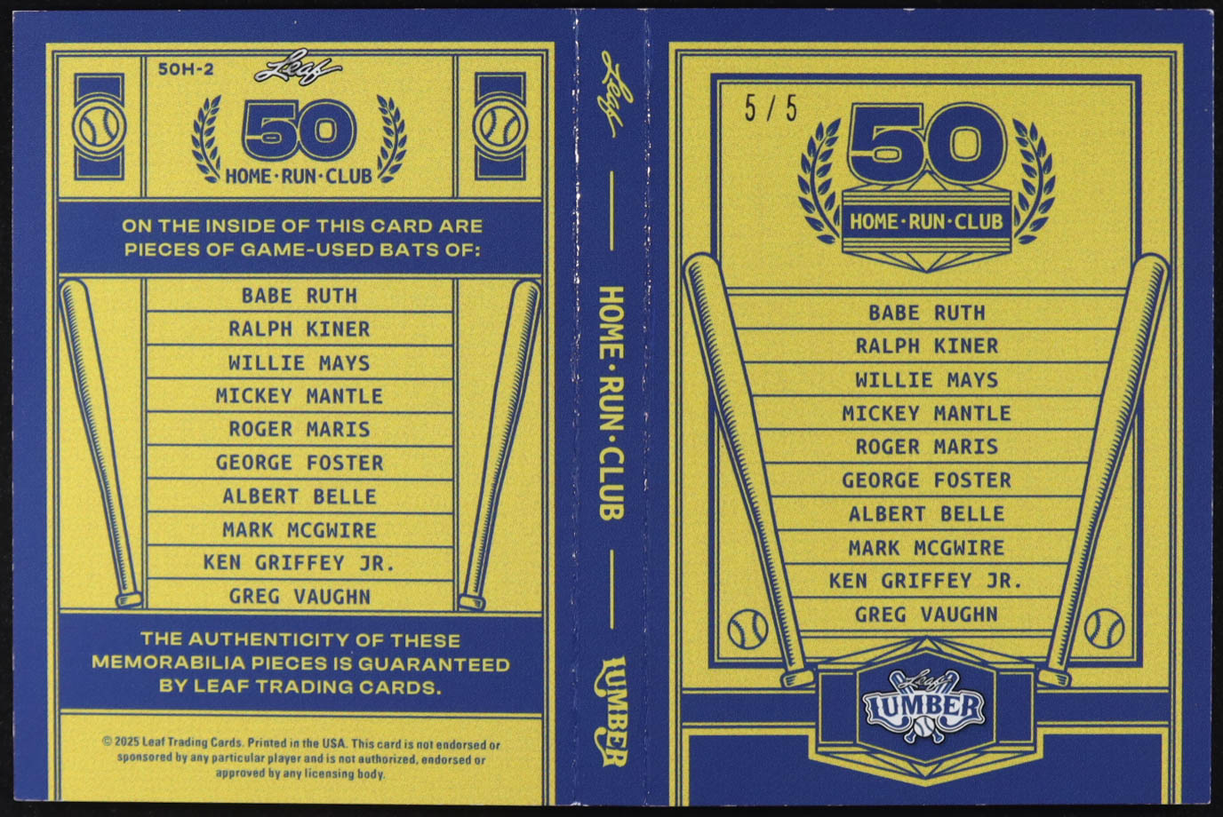 2025 Leaf Lumber 50-Homerun Club Blue #50H2 #5/5 Babe Ruth/Ralph Kiner/Mickey Mantle/Willie Mays/Roger Maris/George Foster/Ken Griffey Jr./Albert Belle/Greg Vaughn/Mark McGwire at PristineAuction.com 2025 Leaf Lumber 50-Homerun Club Blue #50H2 #5/5 Babe Ruth/Ralph Kiner/Mickey Mantle/Willie Mays/Roger Maris/George Foster/Ken Griffey Jr./Albert Belle/Greg Vaughn/Mark McGwire at PristineAuction.com