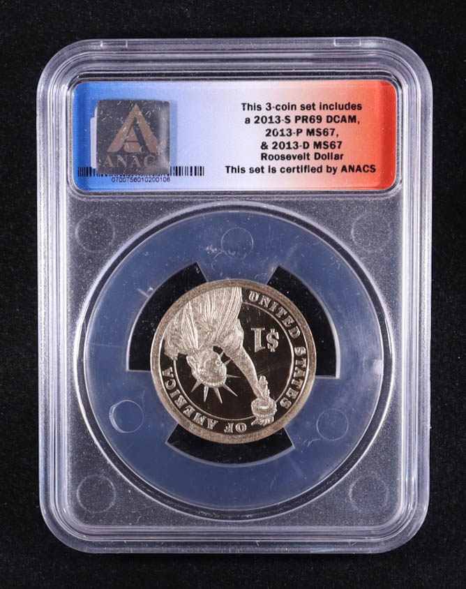2013-S U.S. Presidential $1 - Theodore Roosevelt 26th President - 3-Coin FDOI Set, Certified #106 of 9875 (ANACS PR69 DCAM) at PristineAuction.com 2013-S U.S. Presidential $1 - Theodore Roosevelt 26th President - 3-Coin FDOI Set, Certified #106 of 9875 (ANACS PR69 DCAM) at PristineAuction.com