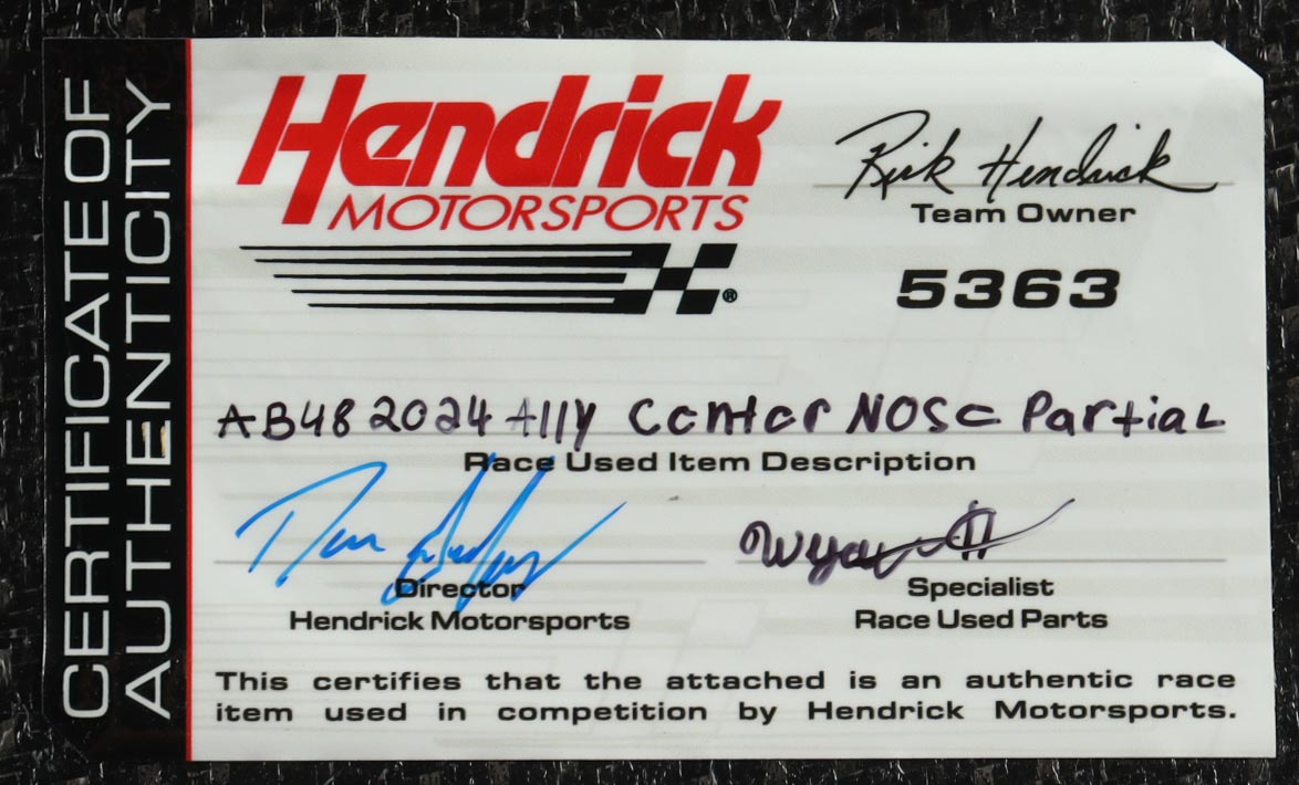 Alex Bowman Race-Used 2024 NASCAR Cup Series #48 Ally Partial Center Nose Car Piece (Hendrick Motorsports) at PristineAuction.com Alex Bowman Race-Used 2024 NASCAR Cup Series #48 Ally Partial Center Nose Car Piece (Hendrick Motorsports) at PristineAuction.com
