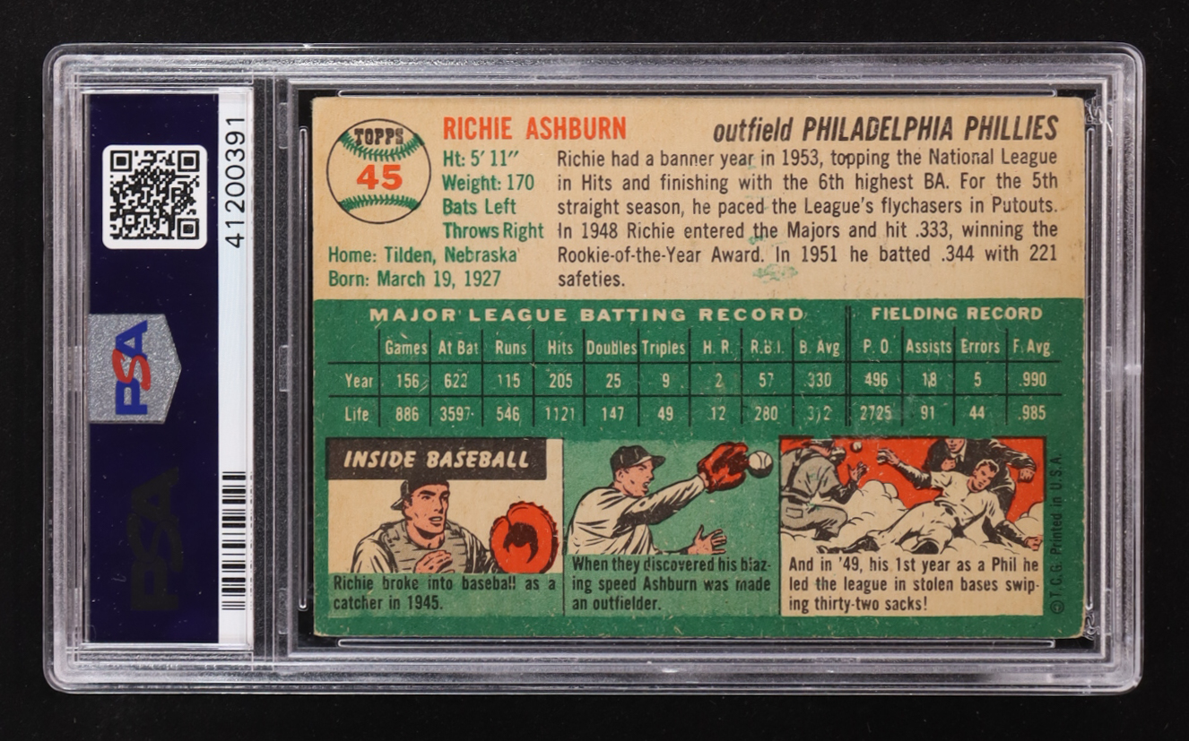 Richie Ashburn 1954 Topps #45 (PSA 4) at PristineAuction.com Richie Ashburn 1954 Topps #45 (PSA 4) at PristineAuction.com